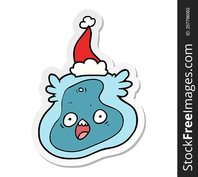 hand drawn sticker cartoon of a germ wearing santa hat