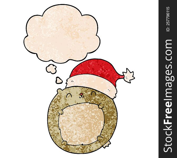 Cute Cartoon Christmas Bear And Thought Bubble In Grunge Texture Pattern Style