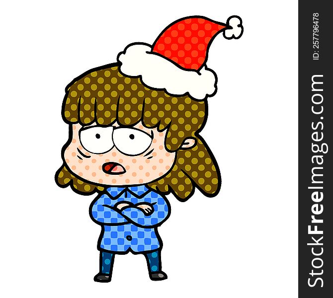 hand drawn comic book style illustration of a tired woman wearing santa hat
