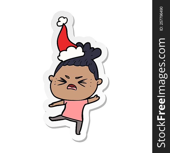 hand drawn sticker cartoon of a angry woman wearing santa hat