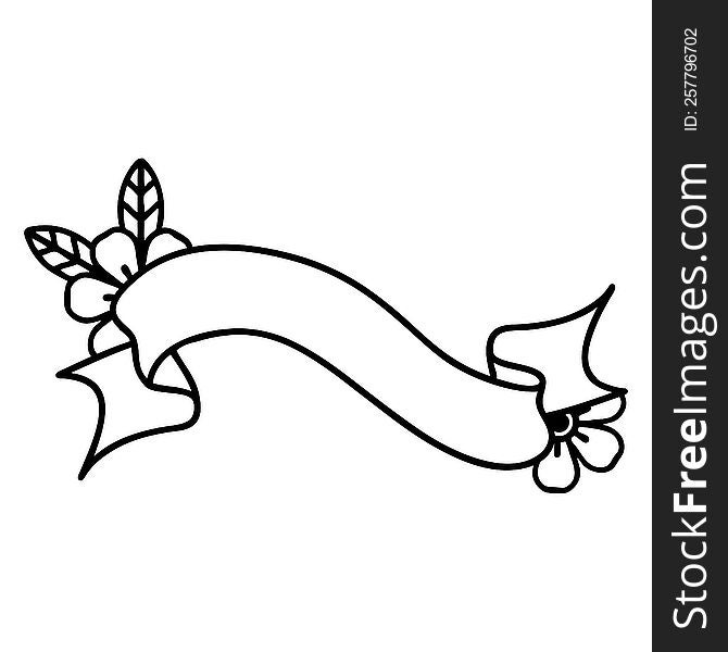 tattoo in black line style of a banner and flowers. tattoo in black line style of a banner and flowers