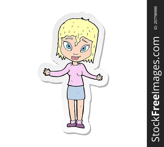 sticker of a cartoon woman shrugging shoulders