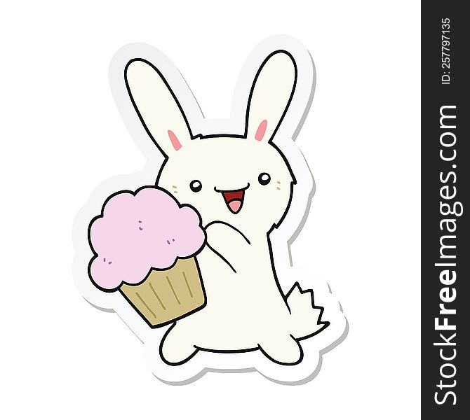 Sticker Of A Cute Cartoon Rabbit With Muffin