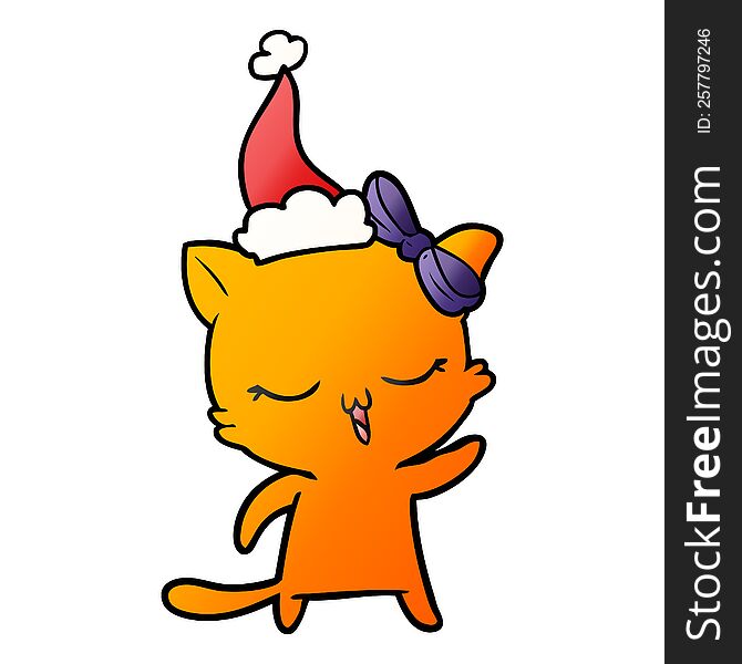 Gradient Cartoon Of A Cat With Bow On Head Wearing Santa Hat