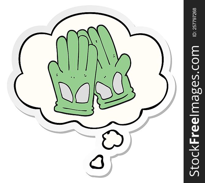 cartoon garden work gloves with thought bubble as a printed sticker