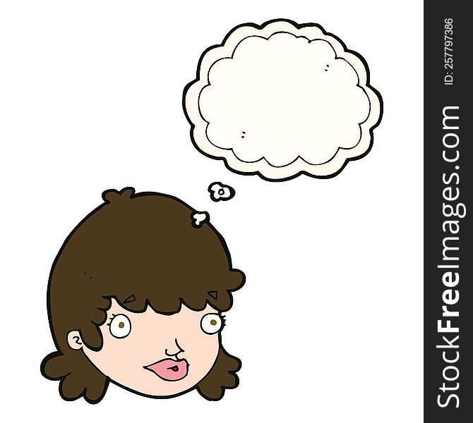 cartoon female face with surprised expression with thought bubble