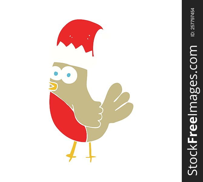 flat color illustration of robin in christmas hat. flat color illustration of robin in christmas hat