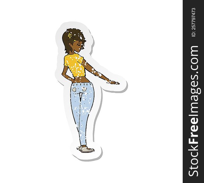 retro distressed sticker of a cartoon pretty girl in jeans and tee