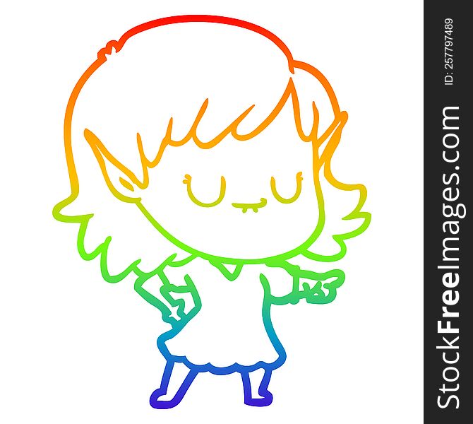 rainbow gradient line drawing of a happy cartoon elf girl wearing dress