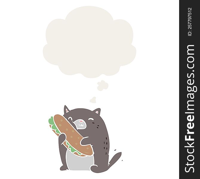 cartoon cat with sandwich with thought bubble in retro style