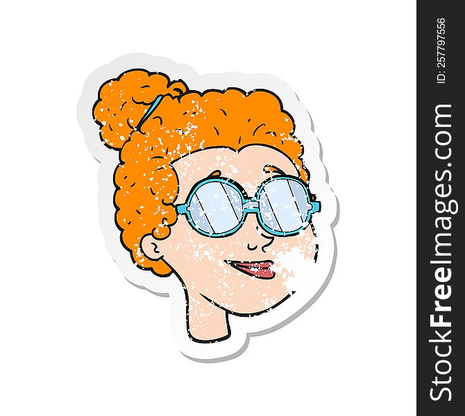 Retro Distressed Sticker Of A Cartoon Woman Wearing Spectacles