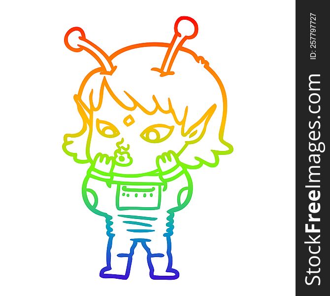 Rainbow Gradient Line Drawing Pretty Cartoon Nervous Alien Girl