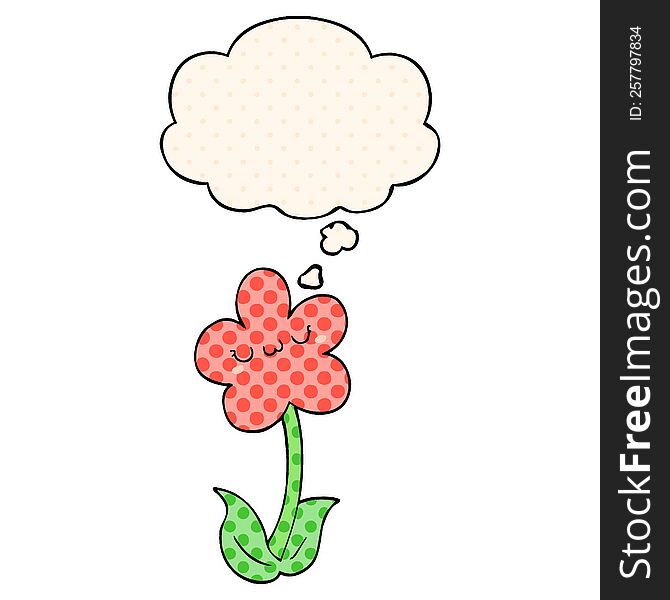 cartoon flower with thought bubble in comic book style