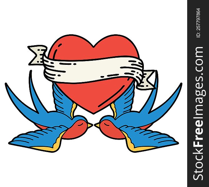 tattoo in traditional style of swallows and a heart with banner. tattoo in traditional style of swallows and a heart with banner