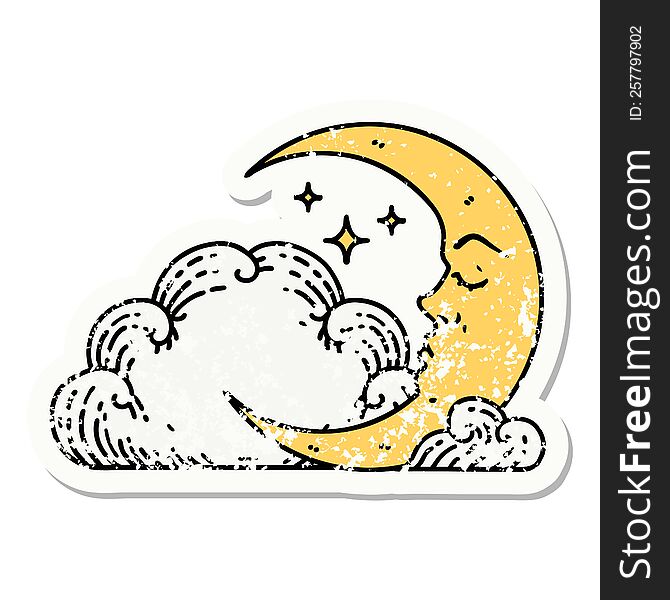 distressed sticker tattoo in traditional style of a crescent moon and clouds. distressed sticker tattoo in traditional style of a crescent moon and clouds