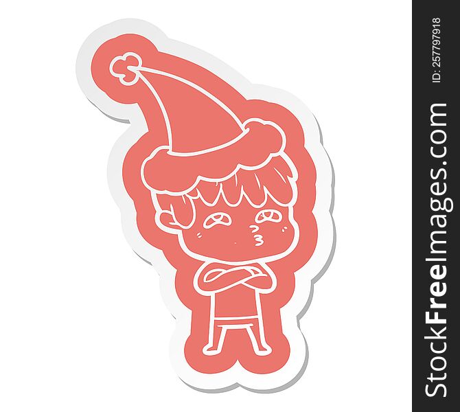 quirky cartoon  sticker of a curious man wearing santa hat