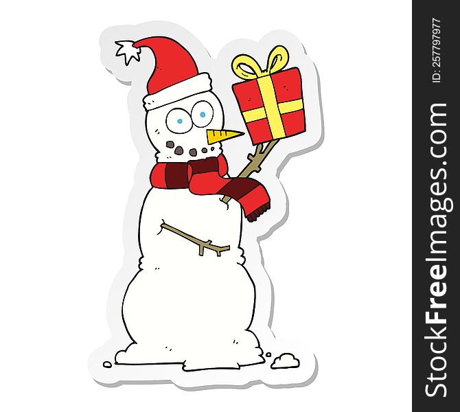sticker of a cartoon snowman holding present