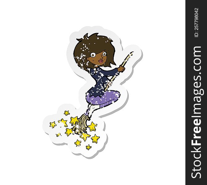 Retro Distressed Sticker Of A Cartoon Witch Riding Broomstick