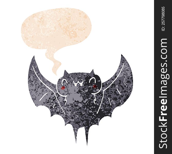 cartoon bat and speech bubble in retro textured style