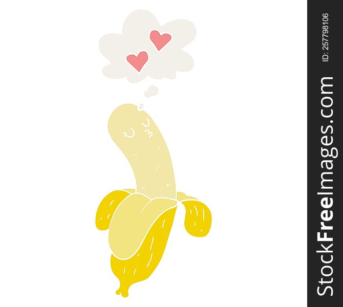 cartoon banana in love with thought bubble in retro style