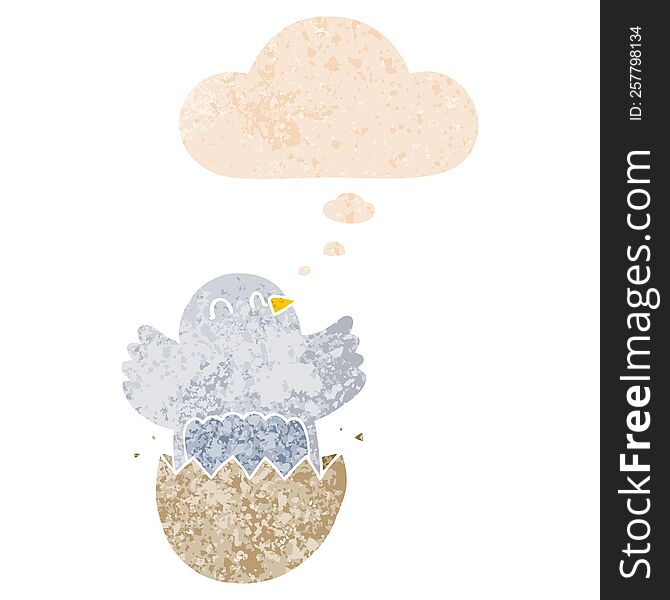 cartoon hatching chicken with thought bubble in grunge distressed retro textured style. cartoon hatching chicken with thought bubble in grunge distressed retro textured style