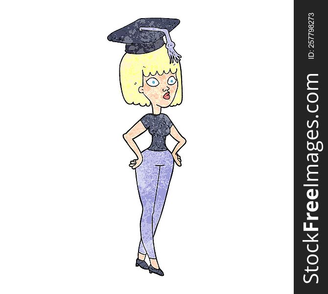 freehand textured cartoon woman with graduation cap