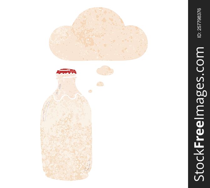 Cartoon Milk Bottle And Thought Bubble In Retro Textured Style