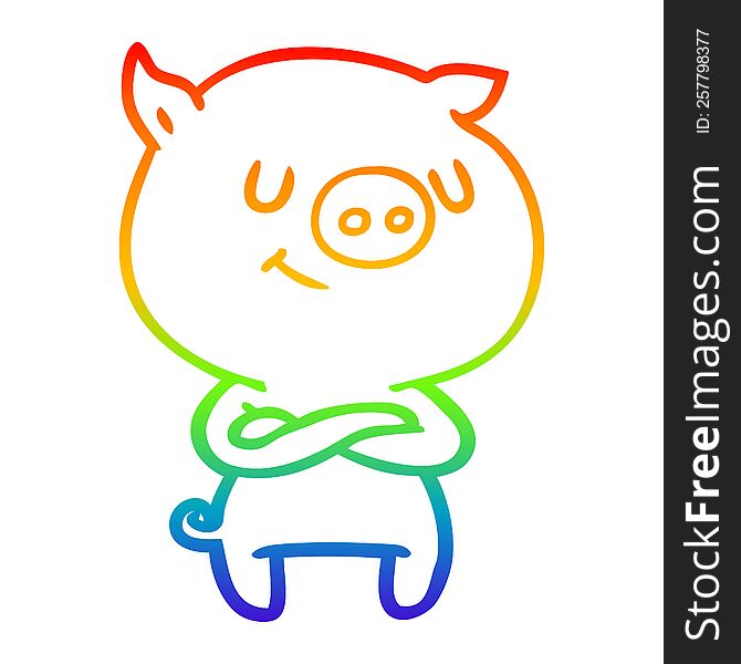 rainbow gradient line drawing of a happy cartoon pig with crossed arms