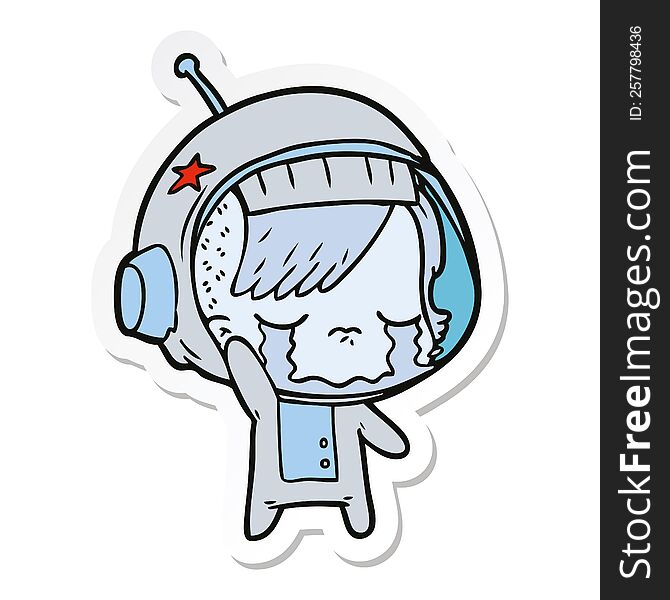 sticker of a cartoon crying astronaut girl waving goodbye