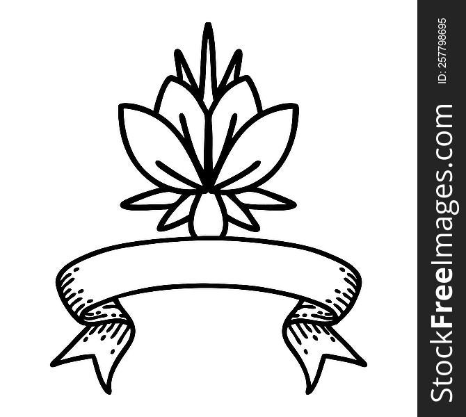 Black Linework Tattoo With Banner Of A Water Lily