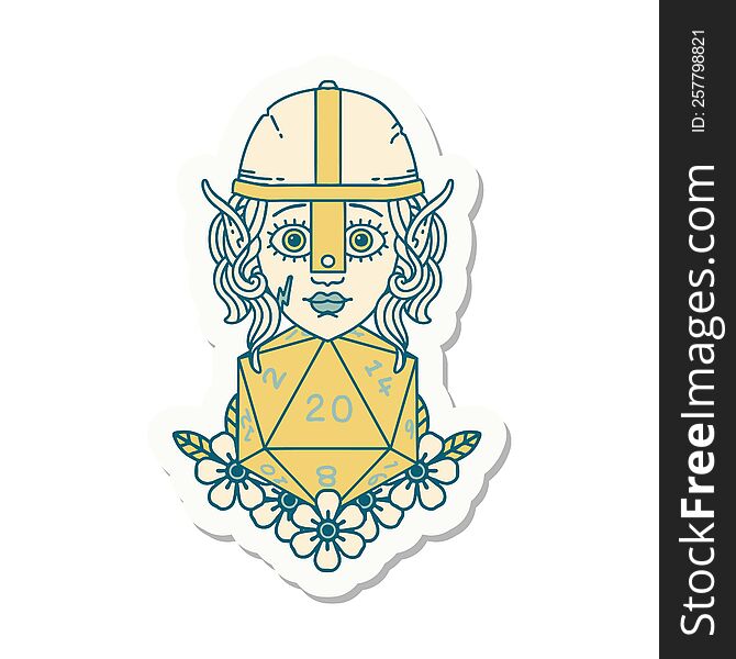 sticker of a elf fighter with natural twenty dice roll. sticker of a elf fighter with natural twenty dice roll