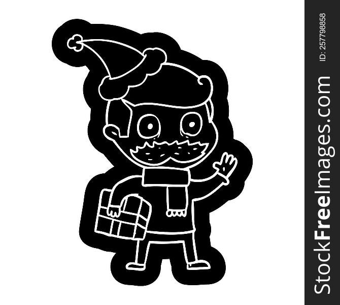 quirky cartoon icon of a man with mustache and christmas present wearing santa hat