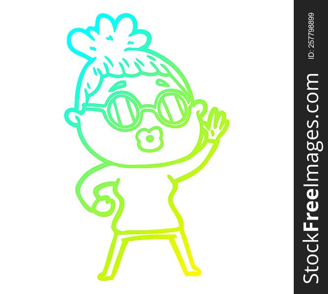 cold gradient line drawing of a cartoon waving woman wearing sunglasses