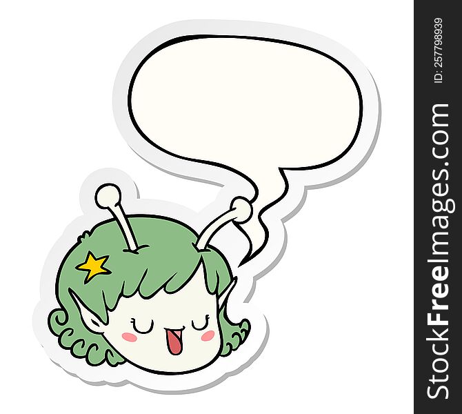 cartoon alien space girl face with speech bubble sticker