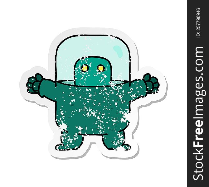 Distressed Sticker Cartoon Doodle Of An Alien In A Suit