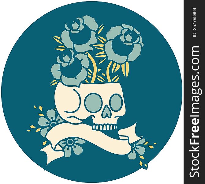 tattoo style icon with banner of a skull and roses