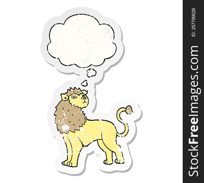 Cartoon Lion And Thought Bubble As A Distressed Worn Sticker