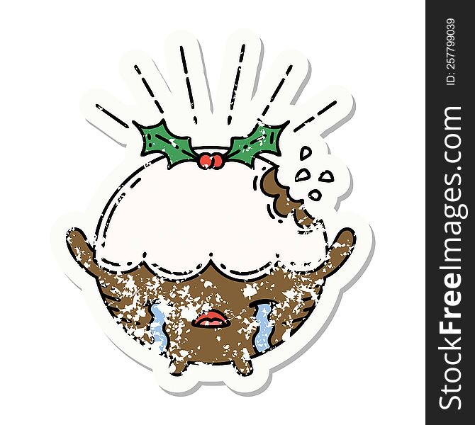 Grunge Sticker Of Tattoo Style Christmas Pudding Character Crying