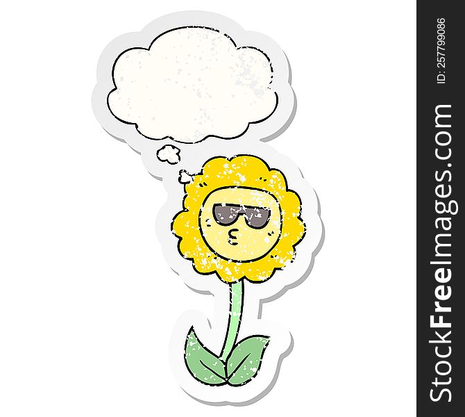 Cartoon Flower And Thought Bubble As A Distressed Worn Sticker