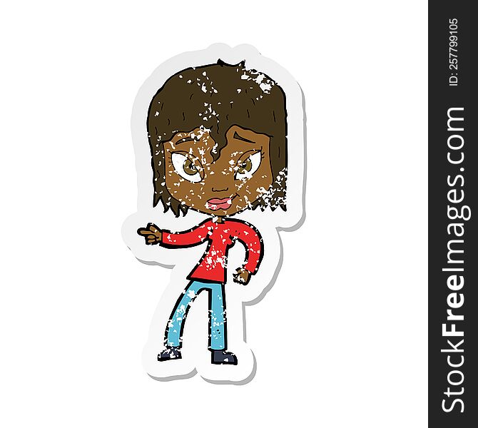 Retro Distressed Sticker Of A Cartoon Relaxed Woman Pointing