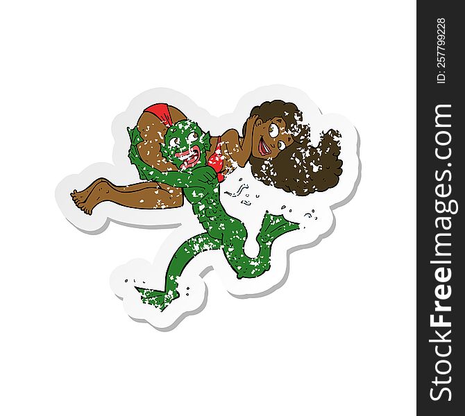 retro distressed sticker of a cartoon swamp monster carrying girl in bikini