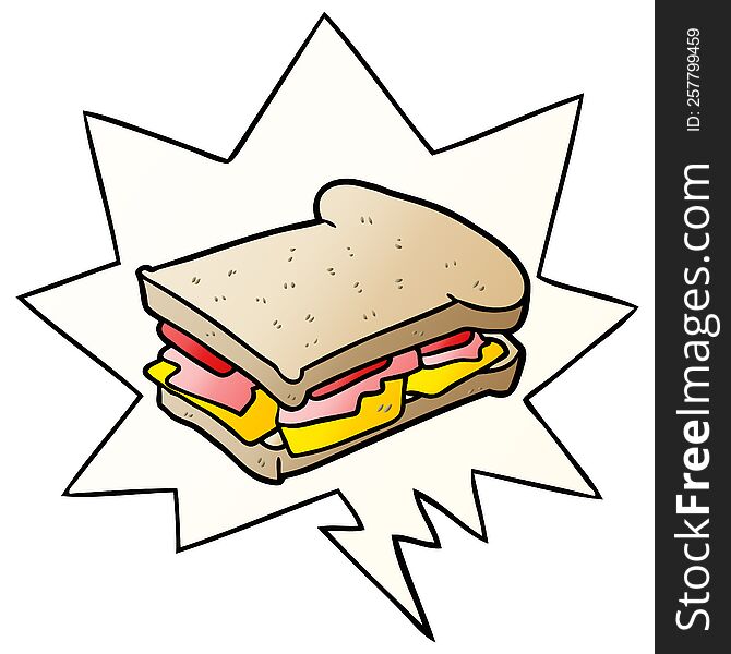 cartoon ham cheese tomato sandwich and speech bubble in smooth gradient style