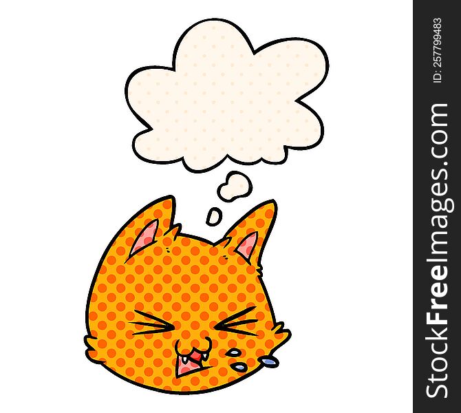 Spitting Cartoon Cat Face And Thought Bubble In Comic Book Style