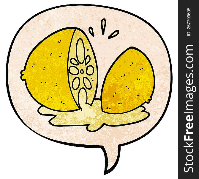 cartoon cut lemon with speech bubble in retro texture style