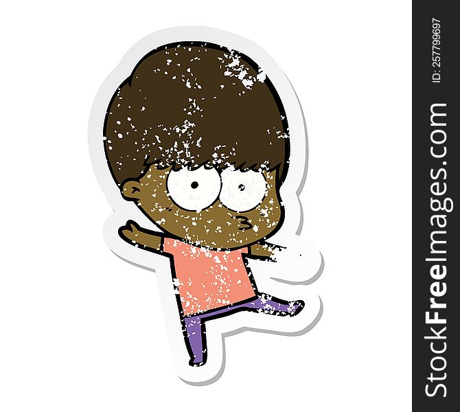 Distressed Sticker Of A Nervous Cartoon Boy Dancing