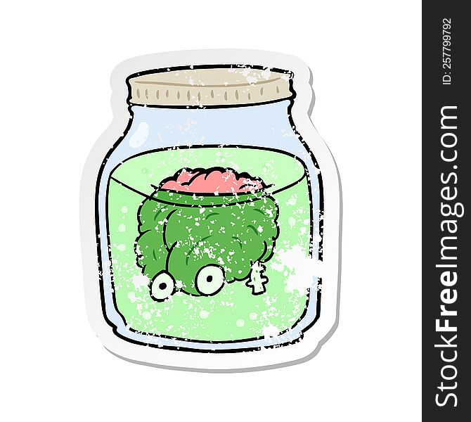 distressed sticker of a cartoon spooky brain in jar