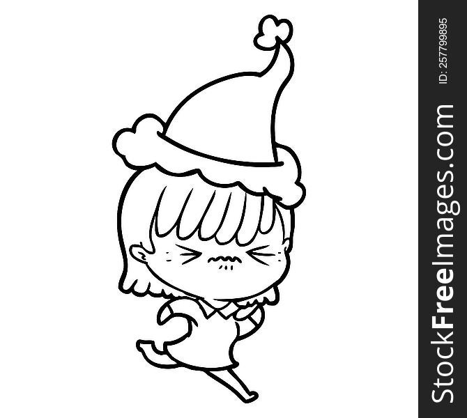 annoyed hand drawn line drawing of a girl wearing santa hat. annoyed hand drawn line drawing of a girl wearing santa hat