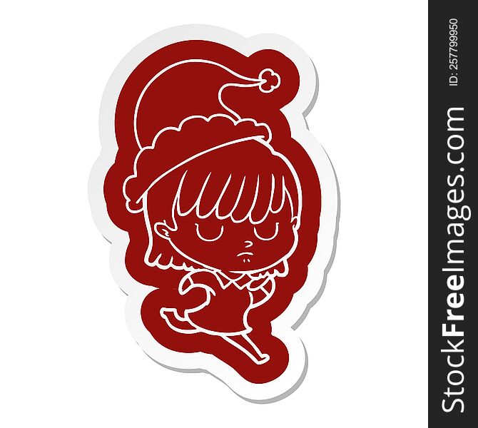 quirky cartoon  sticker of a woman wearing santa hat