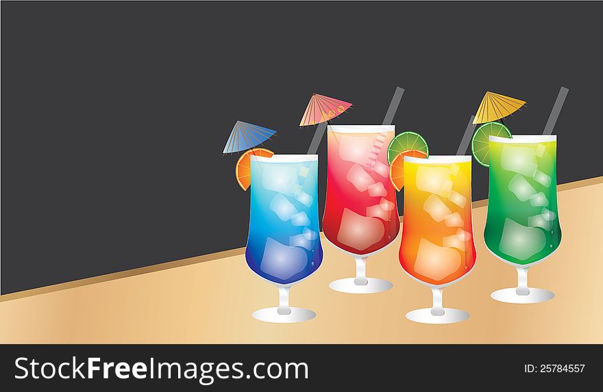 Four fancy colored cocktail drinks on a wooden table