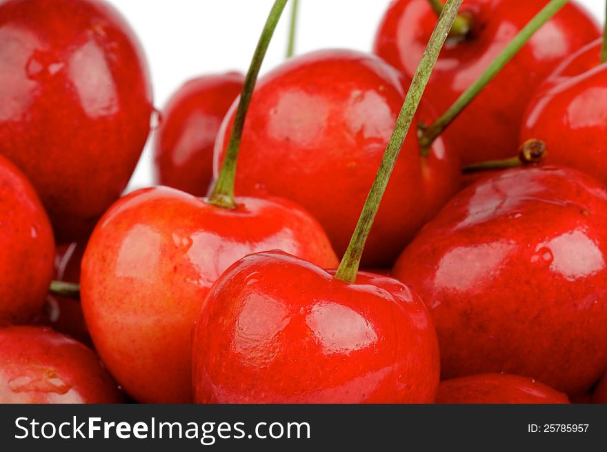 Fresh Ripe Cherry Closeup on white background